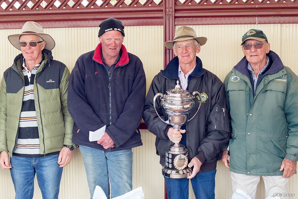 Open Winners L-R Dave Lacey Akoonah Blondie 5th & Akoonah Holly 6th, Tim Foster Jandoree Sadie 3rd, Peter Gorman witrh Coshies Dusty 1st, Ivan Soloman Perengary Trish 2nd & Perengary Di 4th.