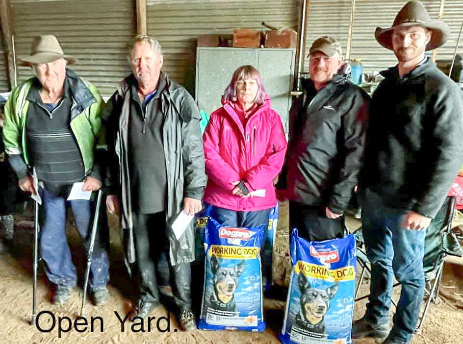 Open Yard L-R Tony Boyle 4th Boylee Midget, Nigel Armstrong 1st Yarralonga Scope & =5th Tumutvalley Roy , Nan Lloyd 2nd Kumbark Ace, Simon Leaning 3rd Marionvale Lad, Blake Robinson =5th Ramulam Kick.